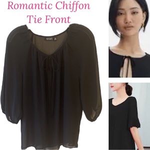 Soft Chiffon Tie Front Top Sheer Quarter Sleeve Blouse Petite Size Medium